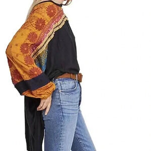 Free People Black Tunic with Mustard & Rust Floral Sleeves